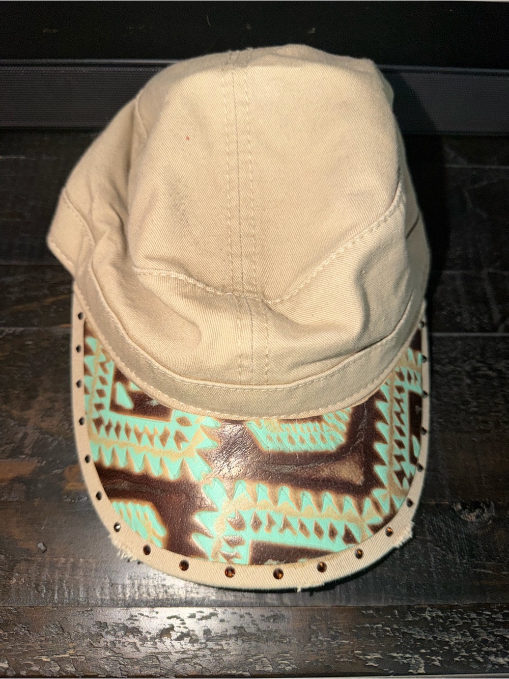 Cream Canvas Cap with Turquoise & Brown Aztec Brim